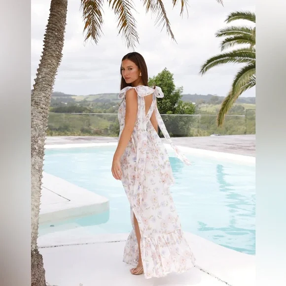 NWT Beauty Of Springtime floral Maxi Dress Lavender BABY SHOWER DRESS MEDIUM 10 - Picture 3 of 6